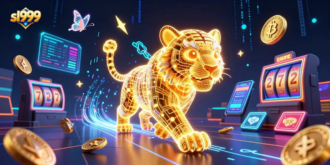 Engage with sl999's vibrant 3D slots world featuring a golden tiger and crypto elements.