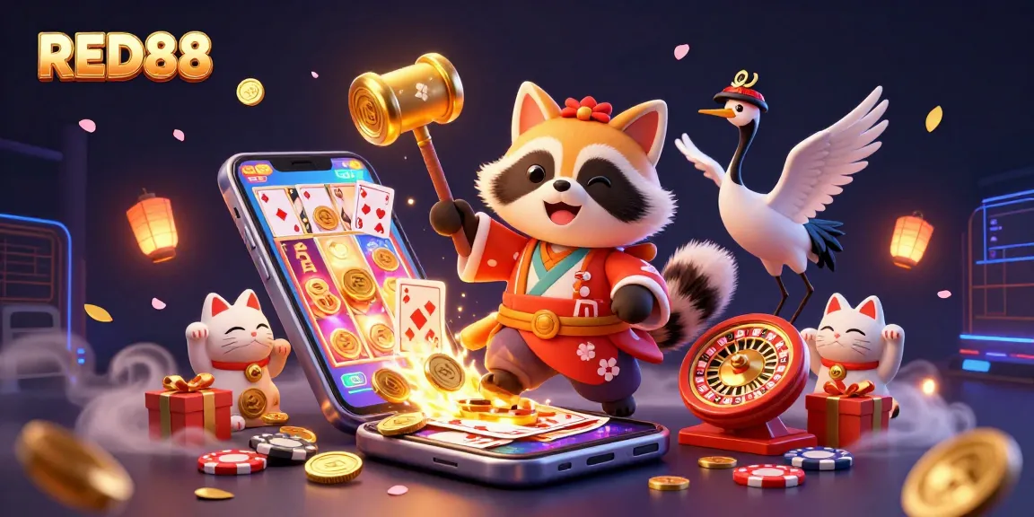 Spin and win with RED88, a vibrant 3D casino scene featuring a tanuki and lucky charms.