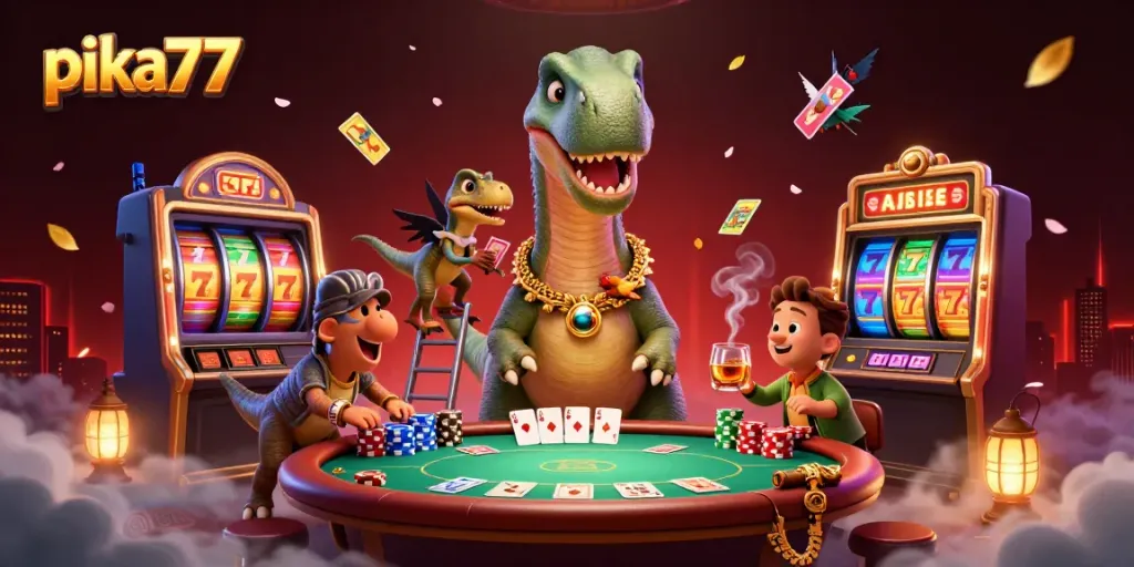 Players enjoy thrilling gameplay on pika77, surrounded by vibrant slot reels and poker elements in a dynamic casino scene.