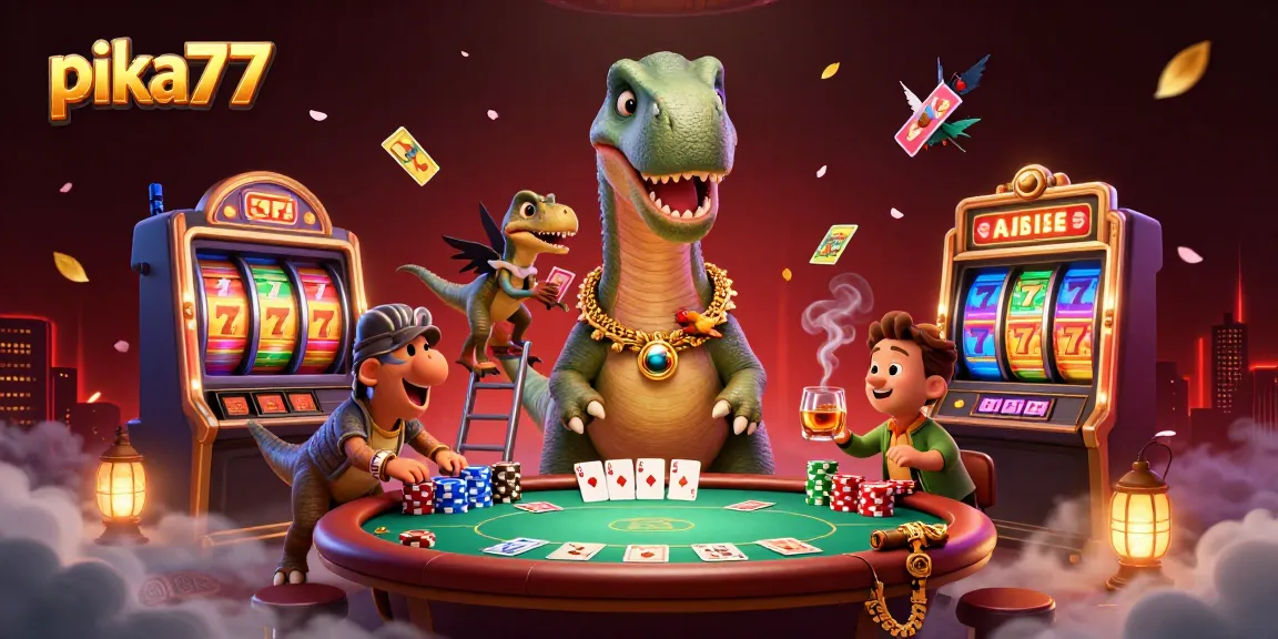 Players enjoy thrilling gameplay on pika77, surrounded by vibrant slot reels and poker elements in a dynamic casino scene.