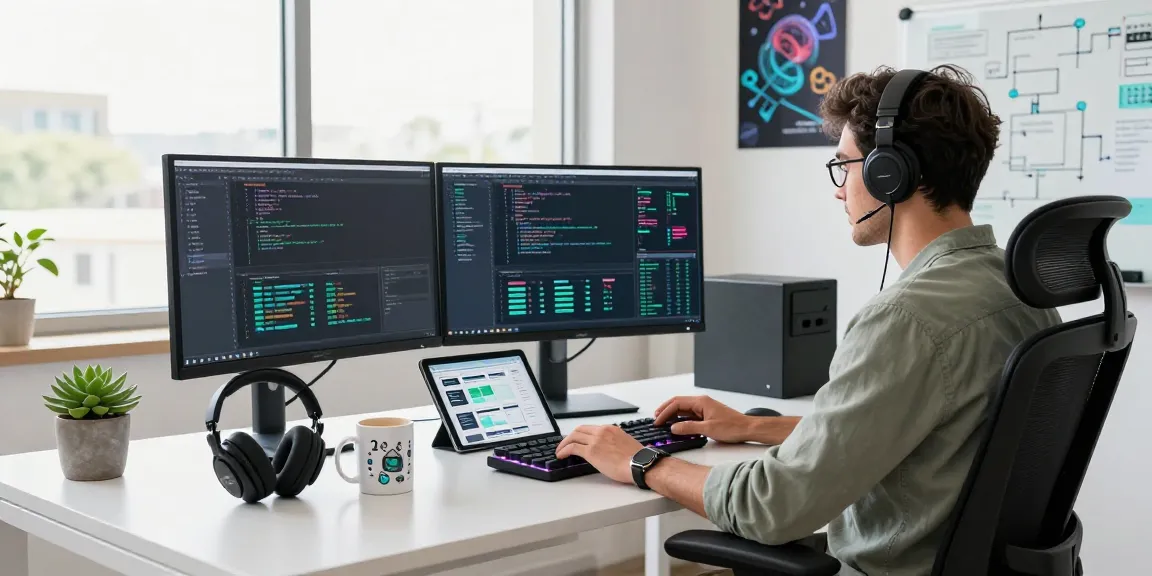 Developer analyzing LLG Link index data on multiple monitors in a modern tech workspace.