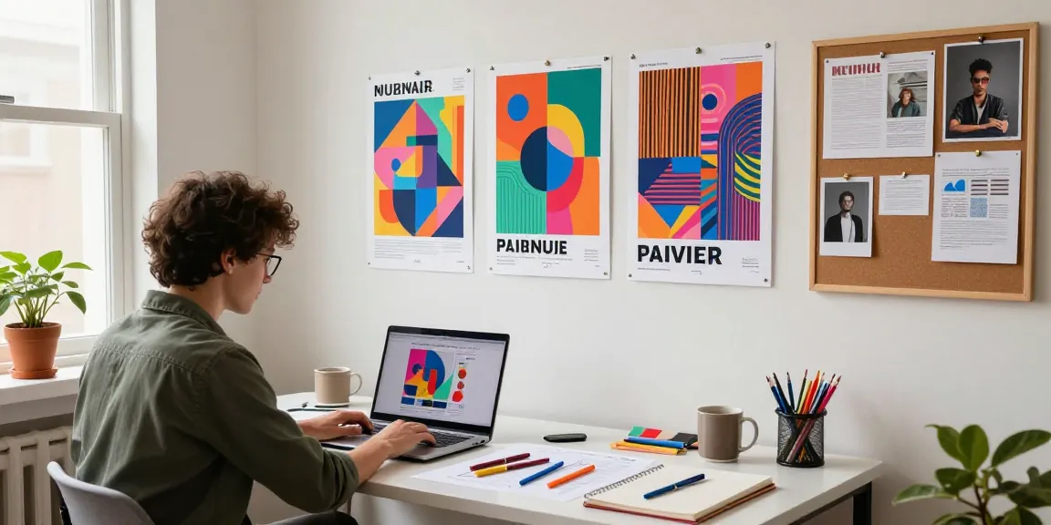 Creative individual engaged in poster printing design showcasing vibrant prints in a dynamic home office.