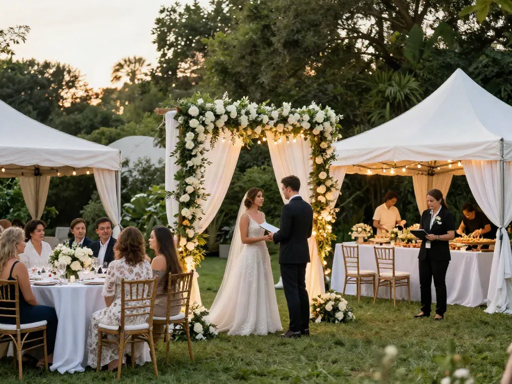 Event rentals showcasing a luxurious outdoor wedding setup with elegant decor, floral arch, and guests enjoying the atmosphere.