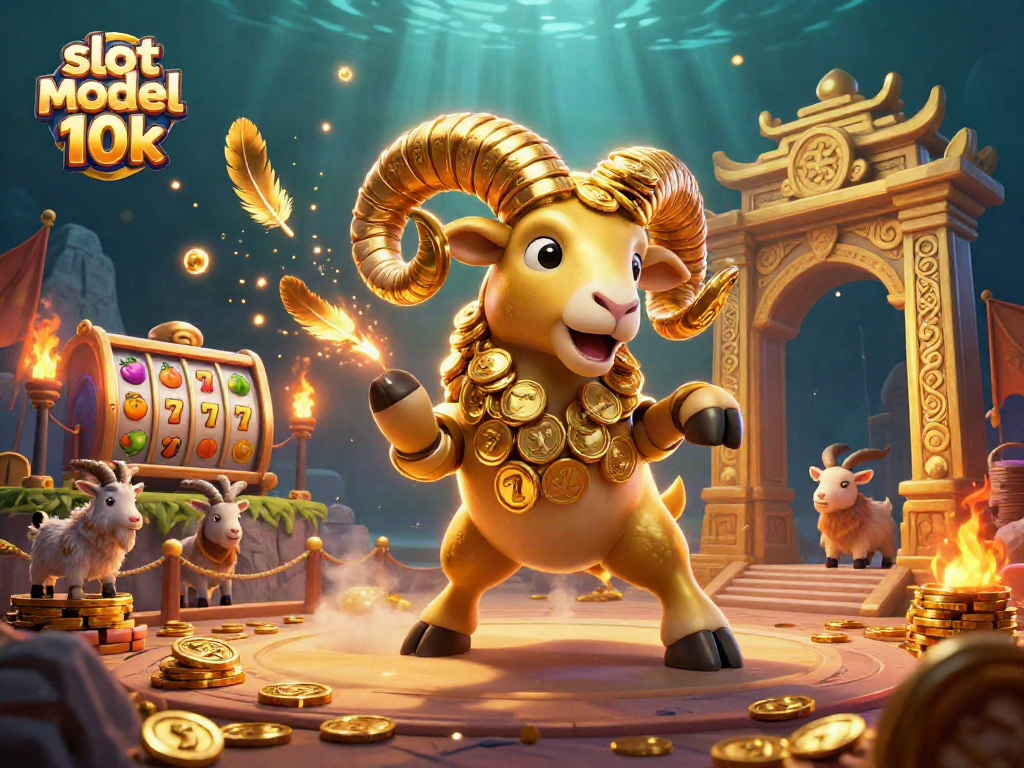 Experience the excitement of slot modal 10k with this energetic 3D casino scene featuring a golden ram.