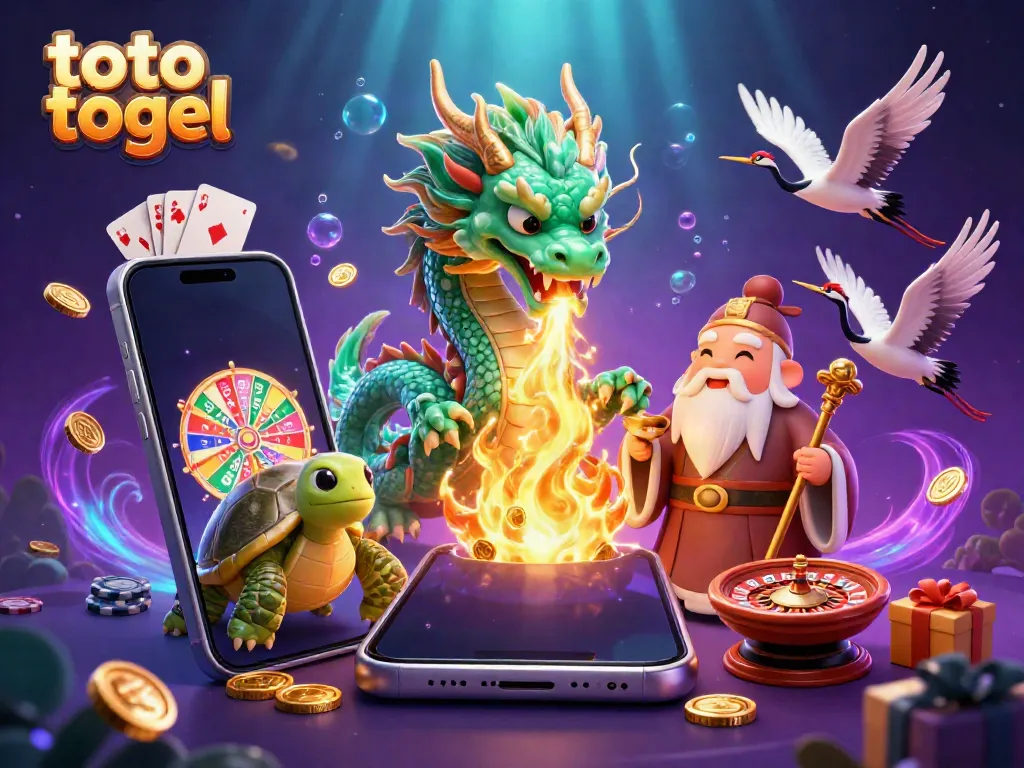 Experience the excitement of toto togel with a powerful dragon, 3D turtle sage, and vibrant lottery gaming elements.