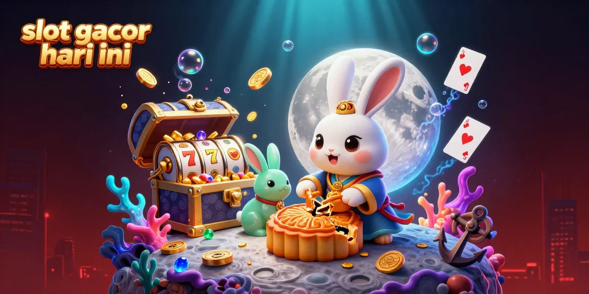Permainan slot gacor hari ini dengan bulan dan kelinci di latar, penuh koin emas dan kartu.