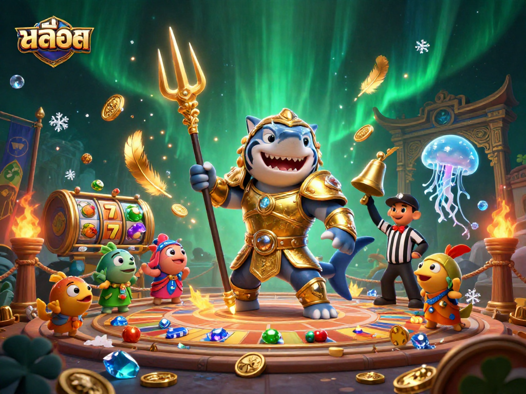 Experience thrilling สล็อต gameplay with a fierce tiger shark in an underwater colosseum filled with symbols and action.