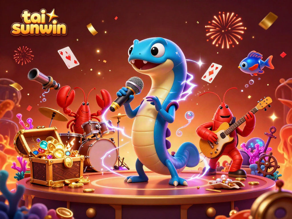 Experience the thrill of tai sunwin with an electrifying underwater casino scene featuring a DJing eel and colorful game elements.