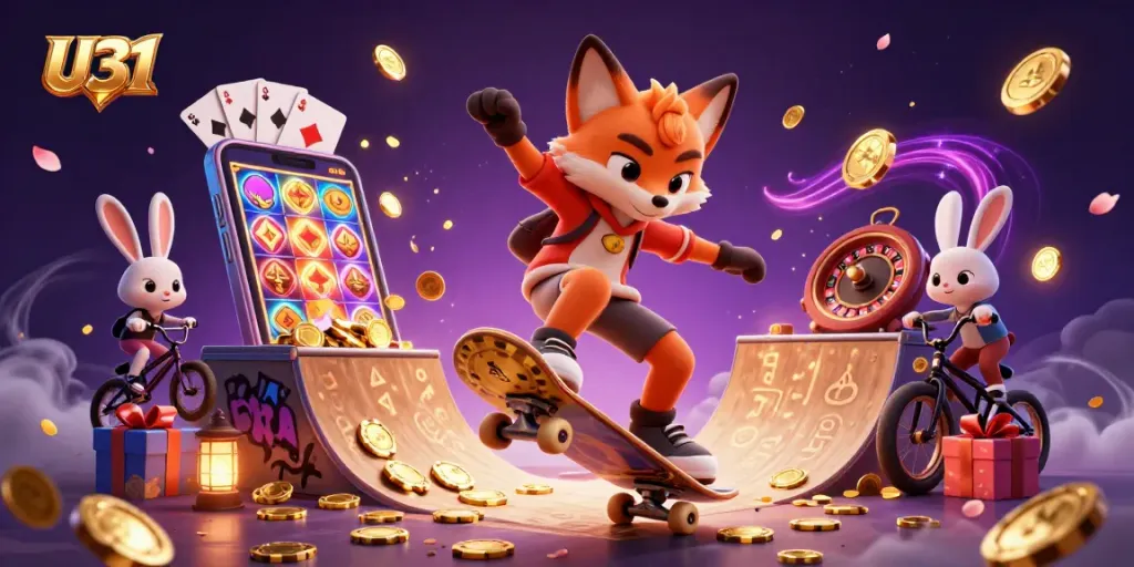 U31 engages players with a vibrant casino scene featuring a skateboarder fox and BMX-riding rabbit.