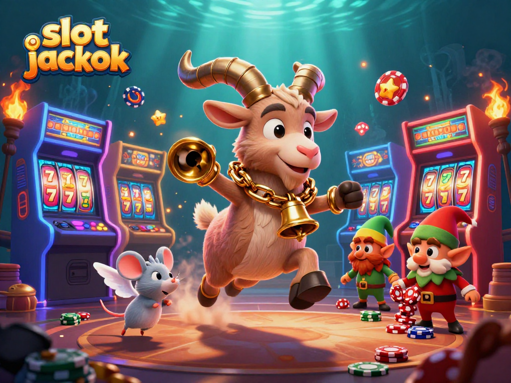 Experience the thrill of winning at the slot jackpot with playful characters in a vibrant casino.