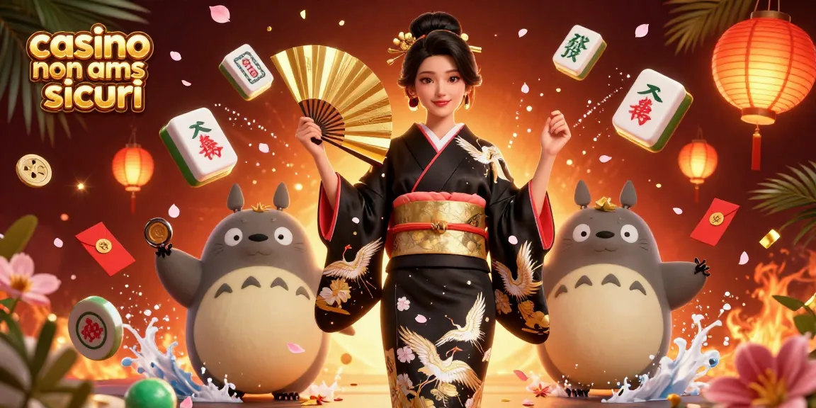 Scommetti su casinò non AAMS sicuri con atmosfera festiva featuring a woman in a kimono, tanuki, e elementi di gioco.