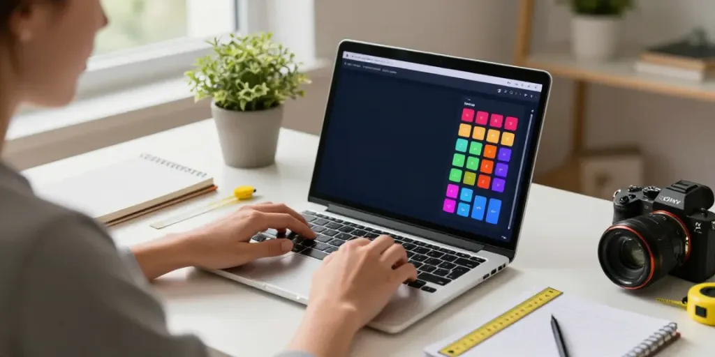 User engaging with a calculator online in a bright home office setting with measuring tools and natural light.