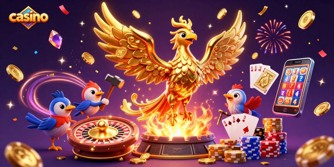 Experience the excitement of the casino with a golden phoenix amid cascading coins and jewels.