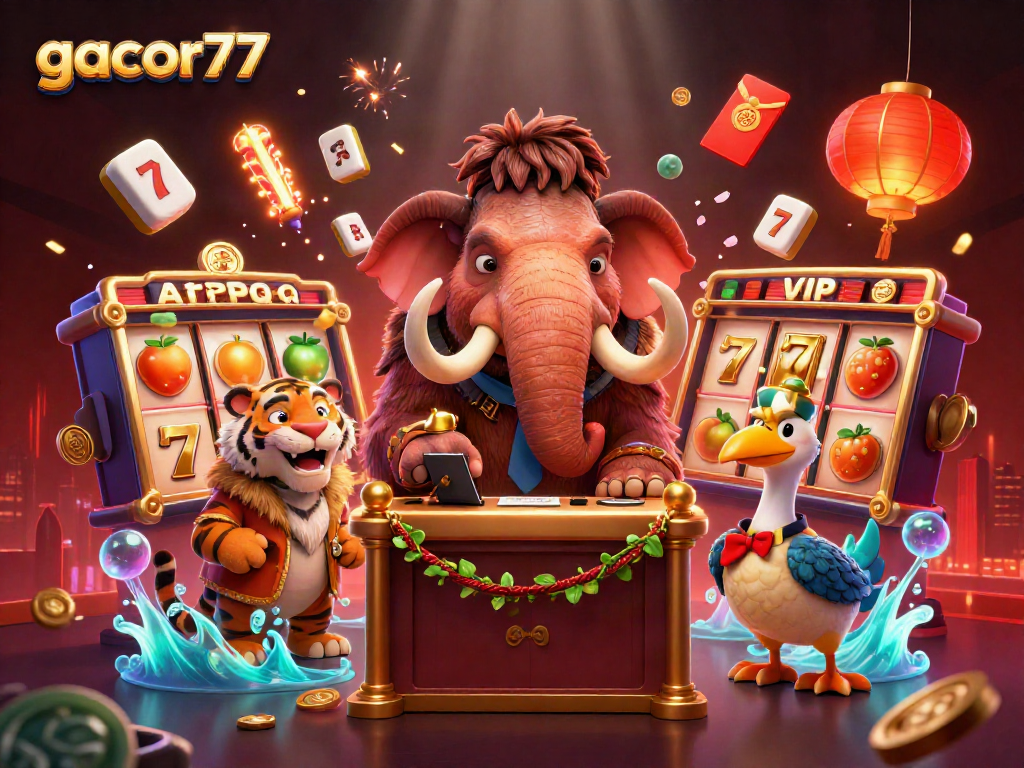 Ilustrasi gacor77 menunjukkan bouncer mammoth dan VIP tamu di kasino