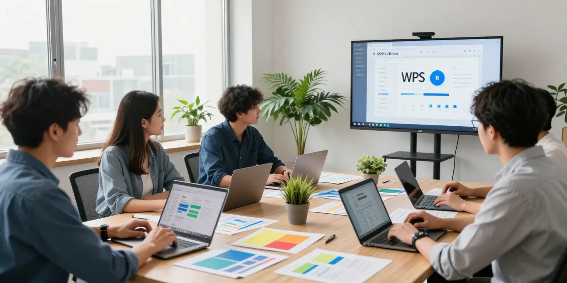 Team collaboration using wps下载 in a modern office, featuring WPS Office on digital displays and diverse professionals.