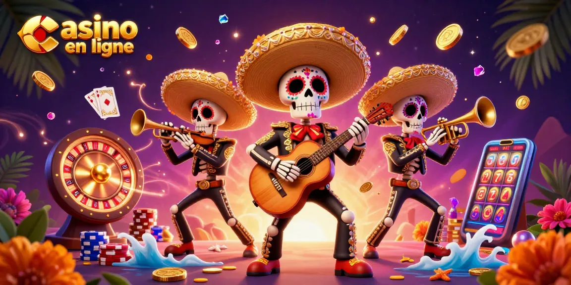 Jouez au casino en ligne avec cette illustration captivante de mariachi squelettes et jeux d'argent.