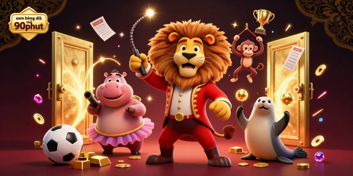 Xem bóng đá trên 90phut features an engaging 3D illustration of vibrant characters in a lively sports betting atmosphere with gold and gems.