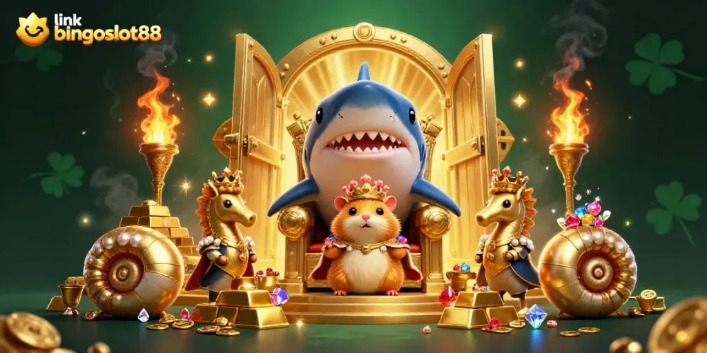 Menangkan hadiah besar dengan link bingoslot88, kerajaan hamster emas dikelilingi harta karun berkilauan.