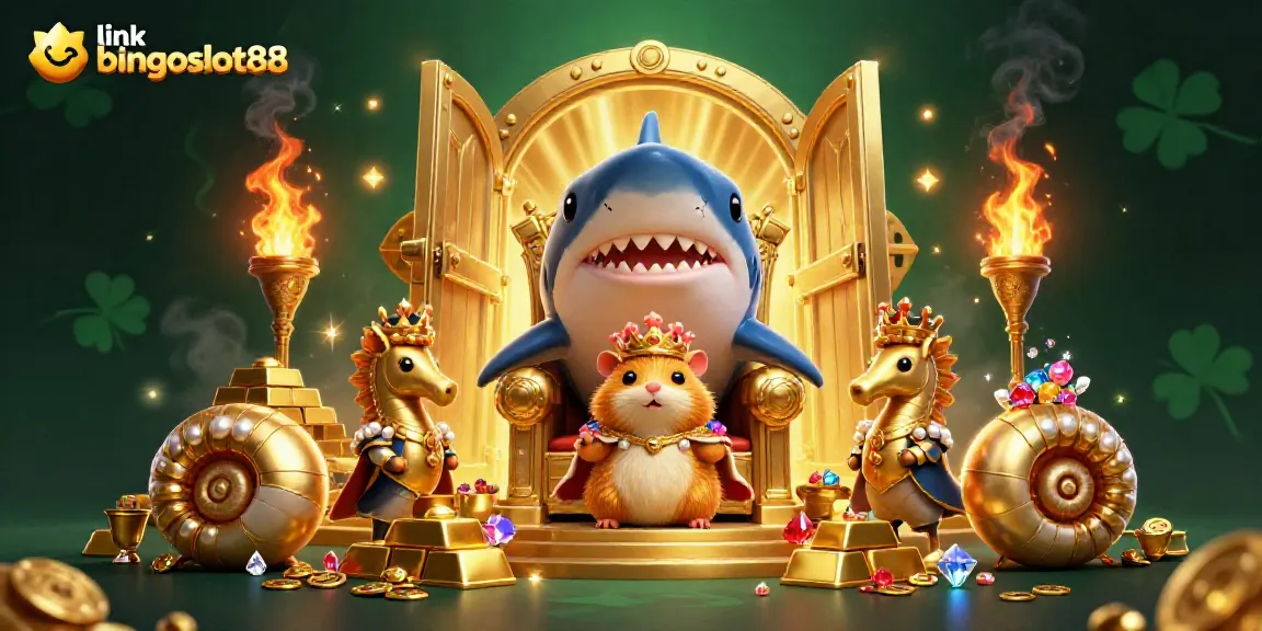 Menangkan hadiah besar dengan link bingoslot88, kerajaan hamster emas dikelilingi harta karun berkilauan.