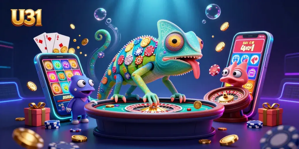 Experience U31's colorful casino world with chameleon owner, vibrant gameplay, and dynamic elements.