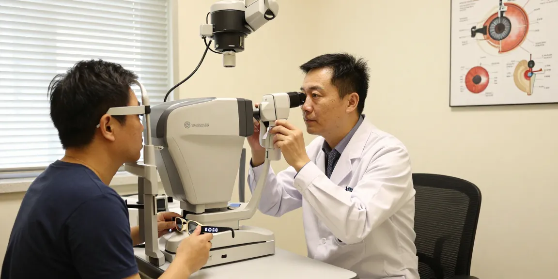 Dr. Tong Man Kit discussing innovative eye care solutions with a patient in a modern clinic.