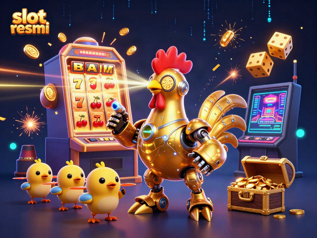 Experience dynamic gameplay with slot resmi, featuring a golden rooster robot and casino elements in action.
