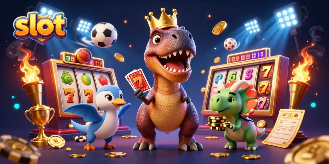 Slot memperlihatkan T-Rex bersaing dengan kucing kecil yang berusaha menumpuk chip emas dari slot permainan.