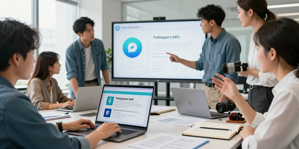Engaged team discussing popular telegram chinese channels in a modern office setting.