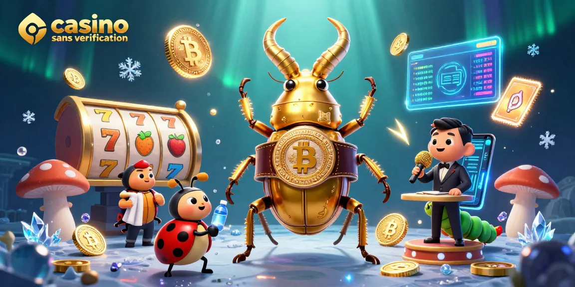 Jouez au casino sans vérification avec des gains instantanés entourés de jetons crypto et de symboles de machines à sous.