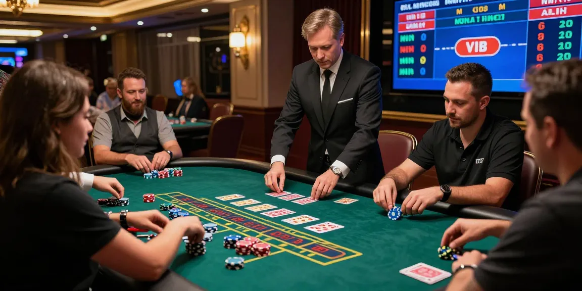 Baccarat Online players at a live casino table with a professional dealer, colorful chips, and engaging atmosphere.