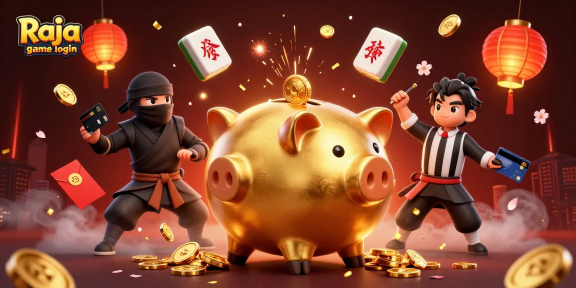 Engage with the dynamic Raja game login scene featuring a golden piggy bank warrior amidst rich gaming elements.