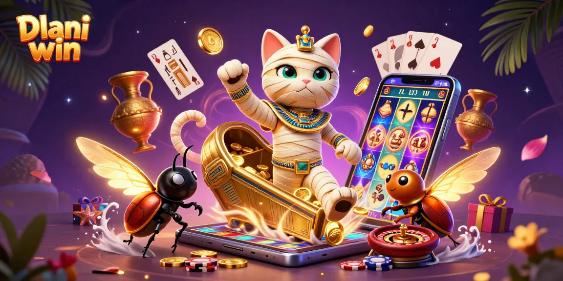 Dive into the excitement of Dhani win with a vibrant 3D scene featuring a mummy cat and casino games.