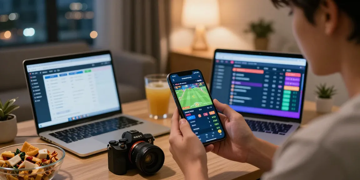 Engaged user exploring Fairplay24 online betting platform on smartphone with live cricket stats and odds in a cozy living room.