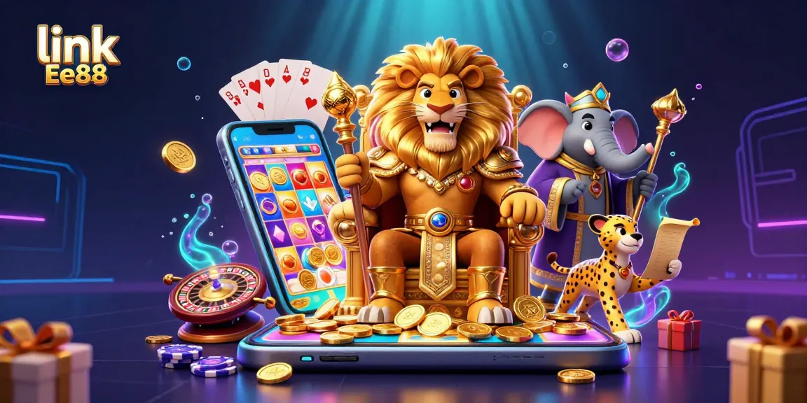 Spin to win with link Ee88 featuring a fierce lion king and thrilling casino elements!