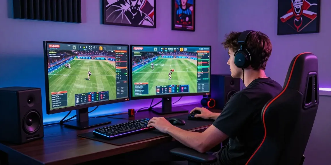 Gamer at a stylish desktop betting on 鉅城 online platforms with vibrant displays and ambient lighting.