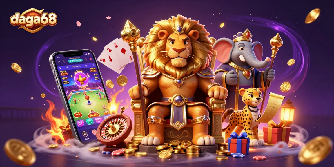 Daga68 showcases a vibrant 3D illustration of a lion king ruling a cockfighting arena, highlighting dynamic game elements.