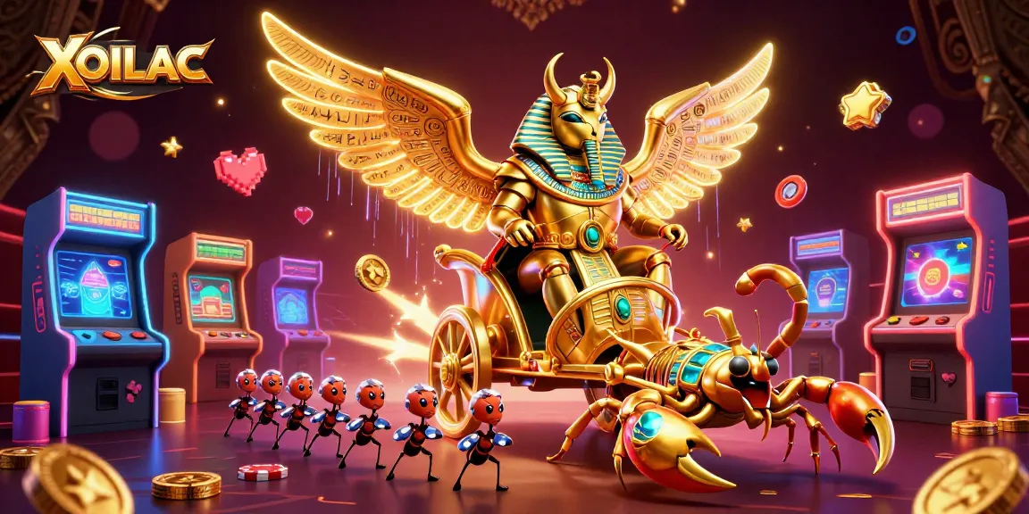 Experience the thrilling energy of XOILAC as gaming characters energize the scene with poker chips and vibrant graphics.