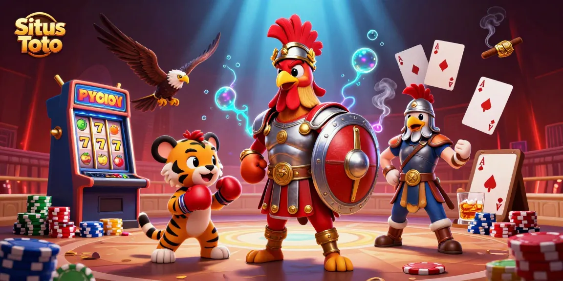 Situs Toto gaming scene featuring a gladiator rooster and tiger cub amid vibrant slot machines and poker elements.