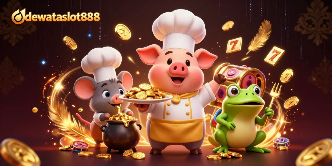 Dewataslot888 menampilkan chef babi 3D dan karakter judi seru dengan koin emas di latar belakang kasino