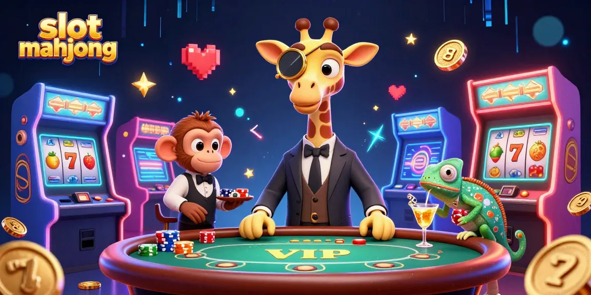 Engage with slot mahjong as a giraffe and friends enjoy a vibrant casino scene.