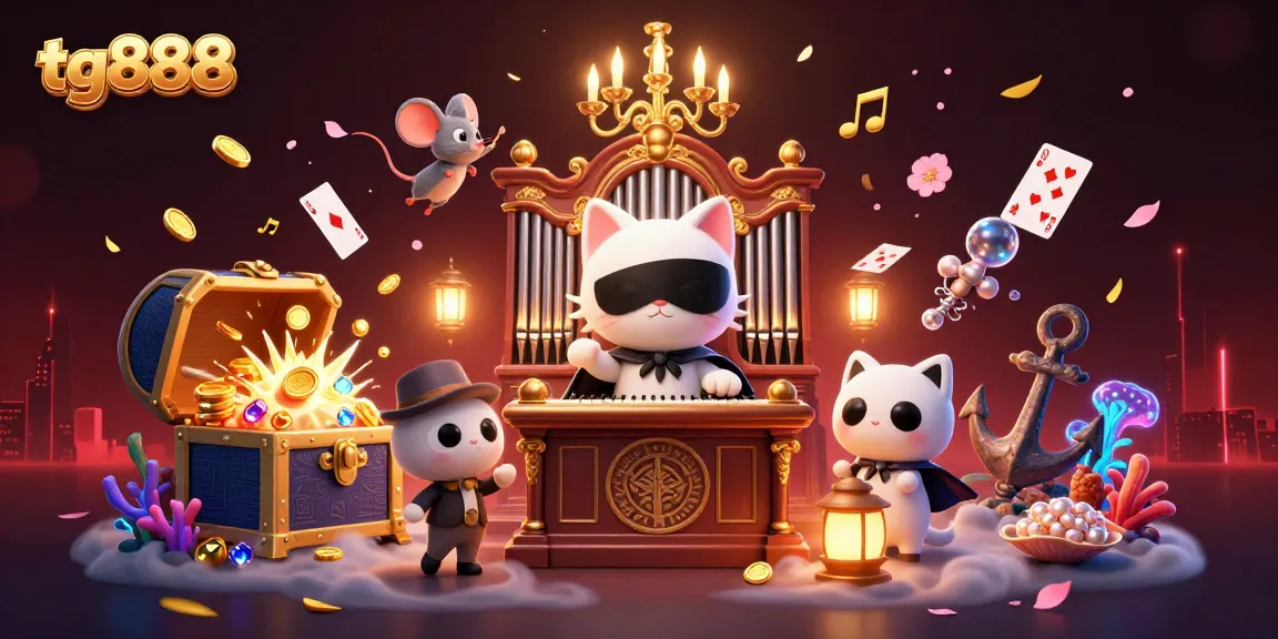 Engage with tg888 in this vibrant casino scene filled with floating playing cards and golden treasures.