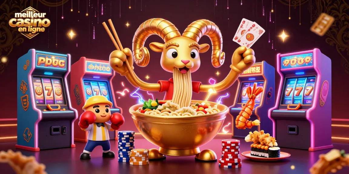 Présentation dynamique du meilleur casino en ligne avec un bol de ramen géant et des jeux colorés.
