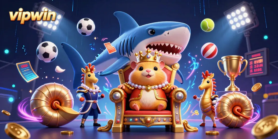 Experience thrilling wins at vipwin with a dynamic 3D illustration featuring a golden hamster king and sports betting elements.