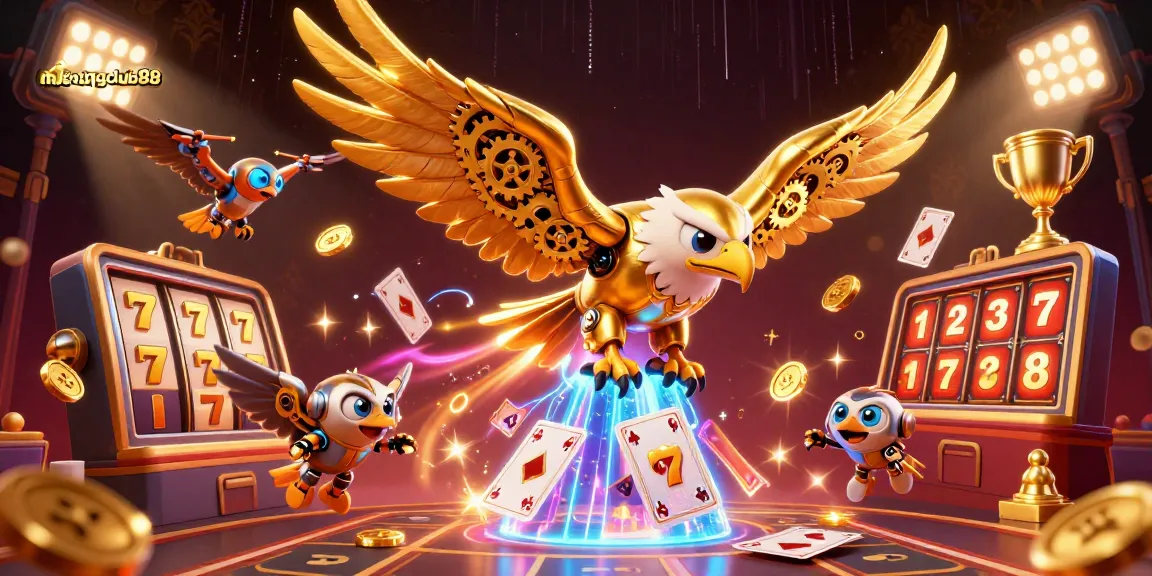 Experience the thrill of menangclub88 with a cybernetic eagle amidst dynamic gaming excitement.