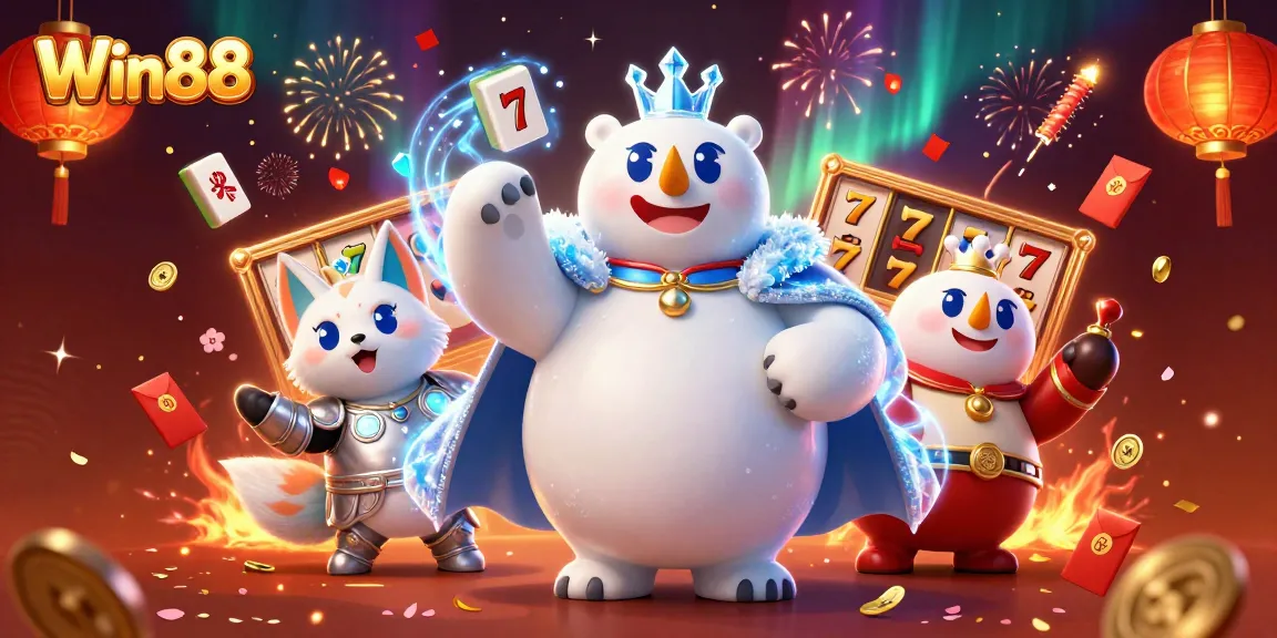 Experience Win88 through a vibrant casino scene featuring a polar bear king and exciting gaming elements.