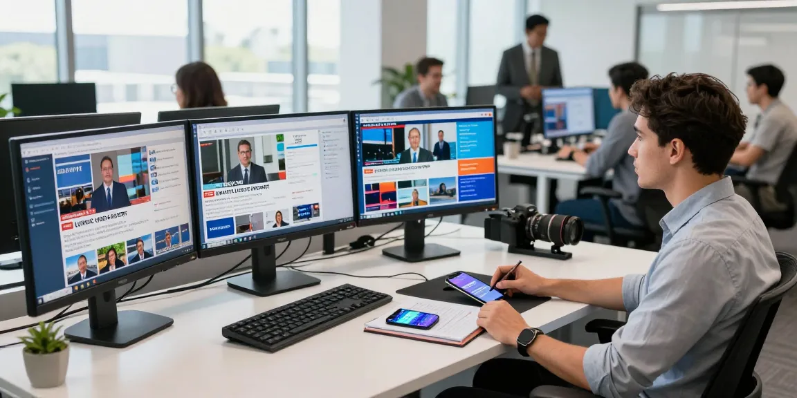 Journalist analyzing USGIC Report data in a vibrant newsroom setting, showcasing modern news reporting.