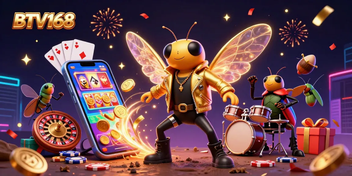 BTV168 showcases a vibrant 3D scene where a cicada rock star performs with lively drummers and gamified elements, enhancing the gambling experience.