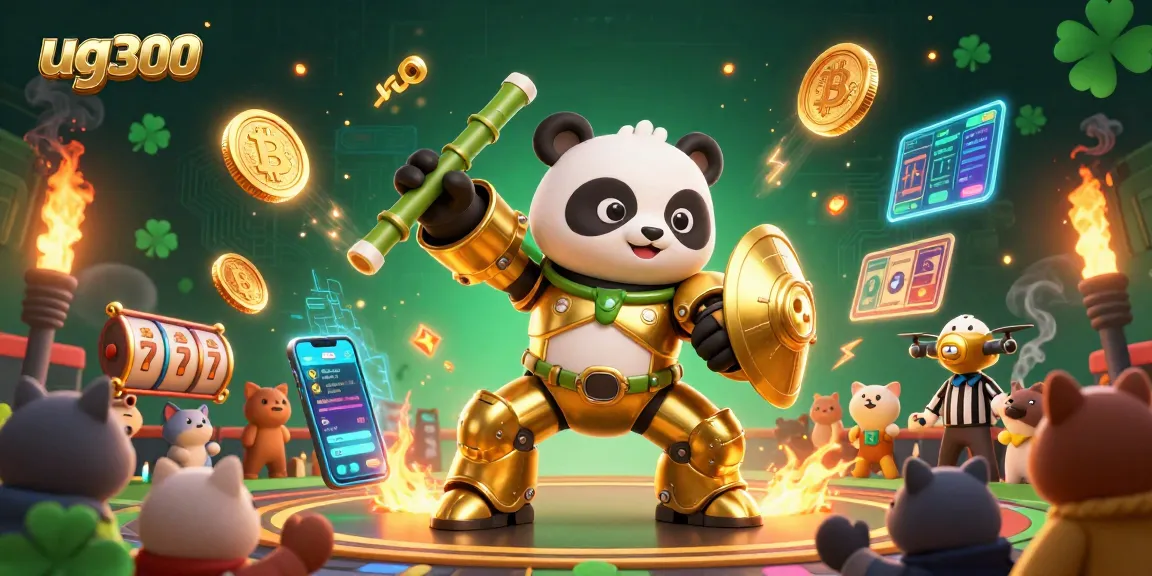 Gambarlah aksi slot dengan ug300 yang menampilkan panda emas dalam pertarungan robotik yang dramatis.