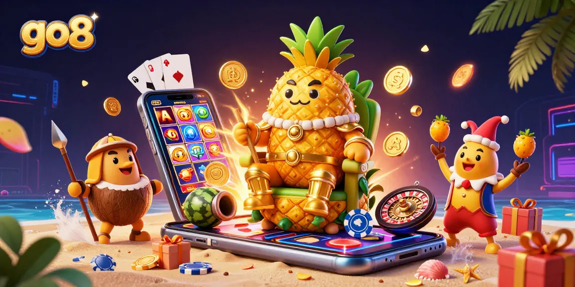 Experience the excitement of go8's vibrant casino world with the golden pineapple king and interactive games.