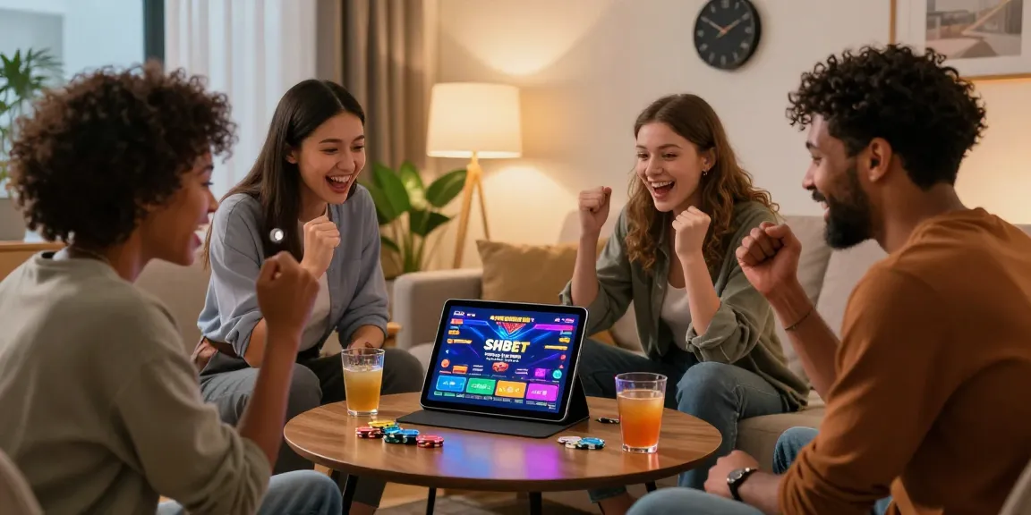 Engaged friends enjoying thrilling online betting on SHBET, showcasing a vibrant gambling atmosphere with tablet and game graphics.